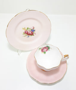 Soft Pastel Pink Assembled Tea Trio With Rose, Flowers & Gold Trim