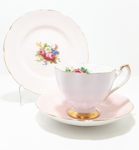 Soft Pastel Pink Assembled Tea Trio With Rose, Flowers & Gold Trim