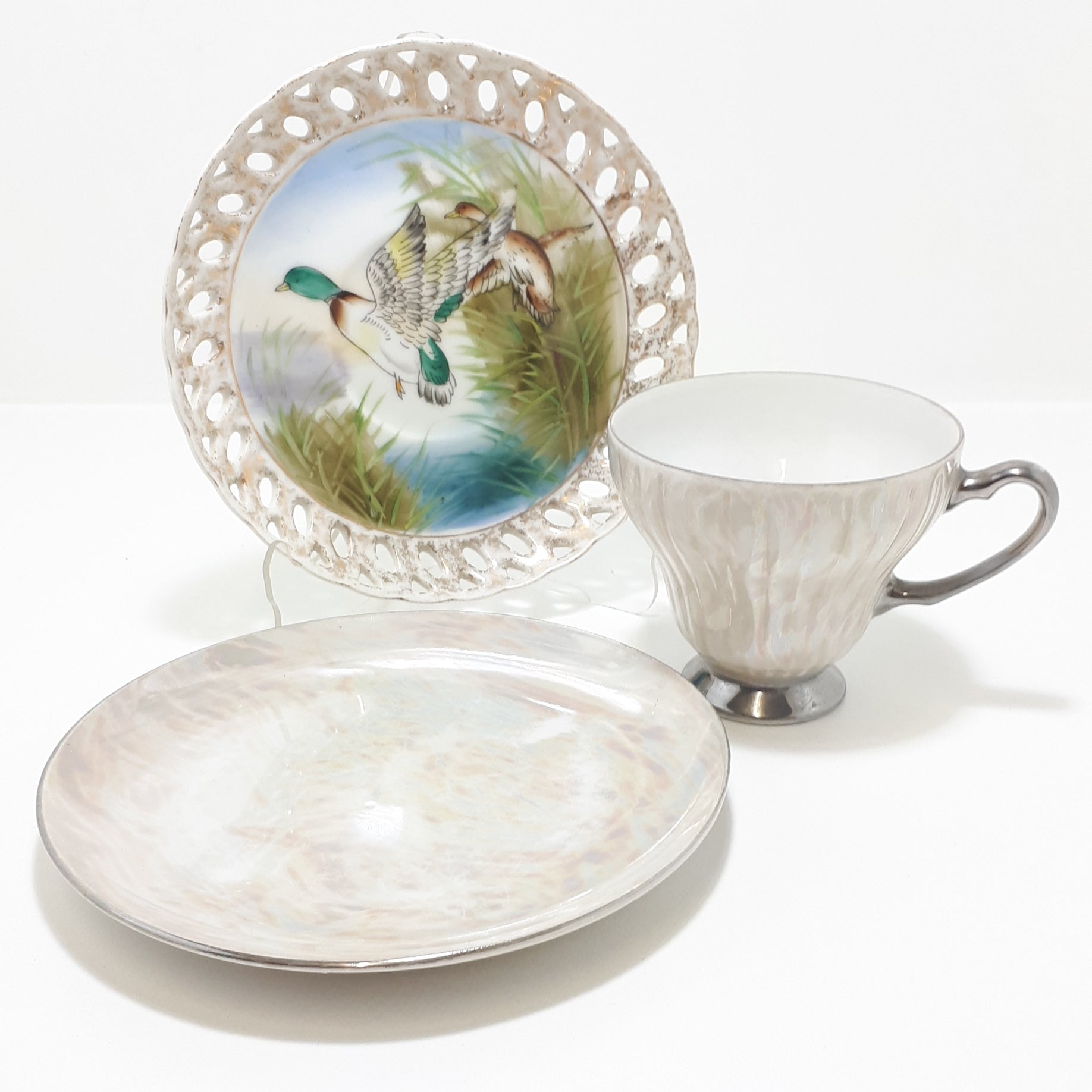 Assembled Lustre Ware Tea Trio With Mallard Duck Saucer