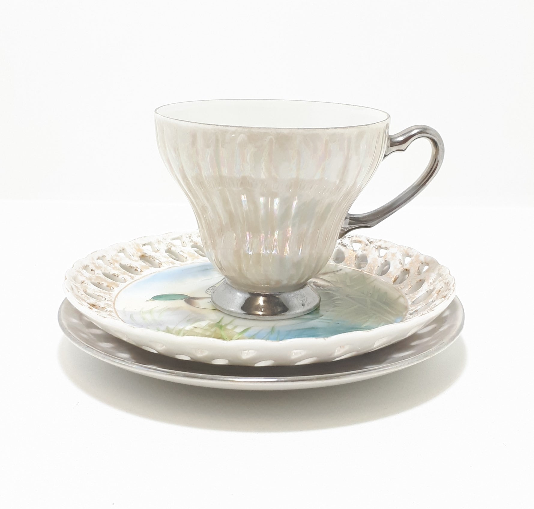 Assembled Lustre Ware Tea Trio With Mallard Duck Saucer