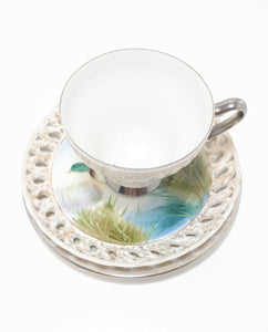 Assembled Lustre Ware Tea Trio With Mallard Duck Saucer
