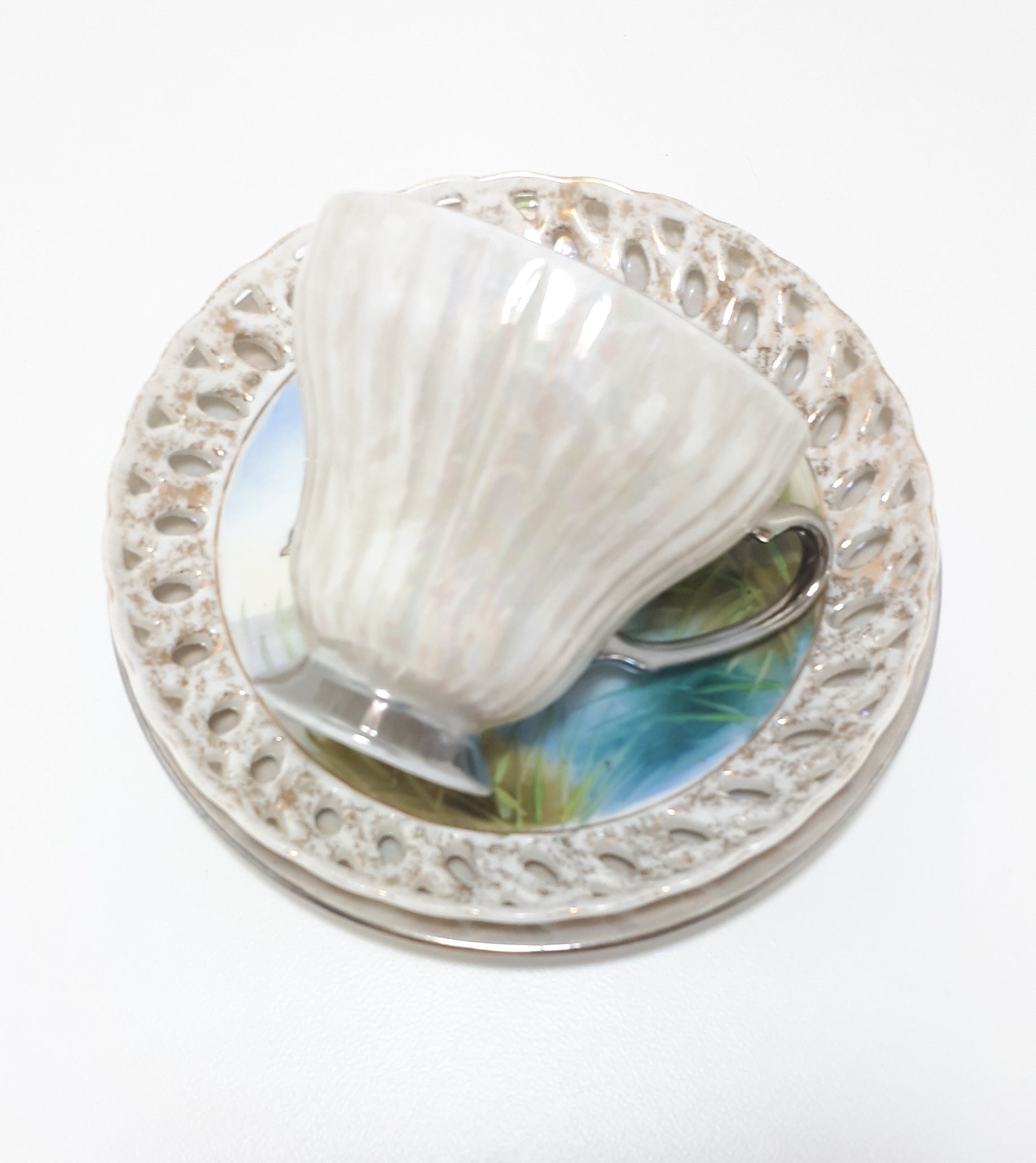 Assembled Lustre Ware Tea Trio With Mallard Duck Saucer