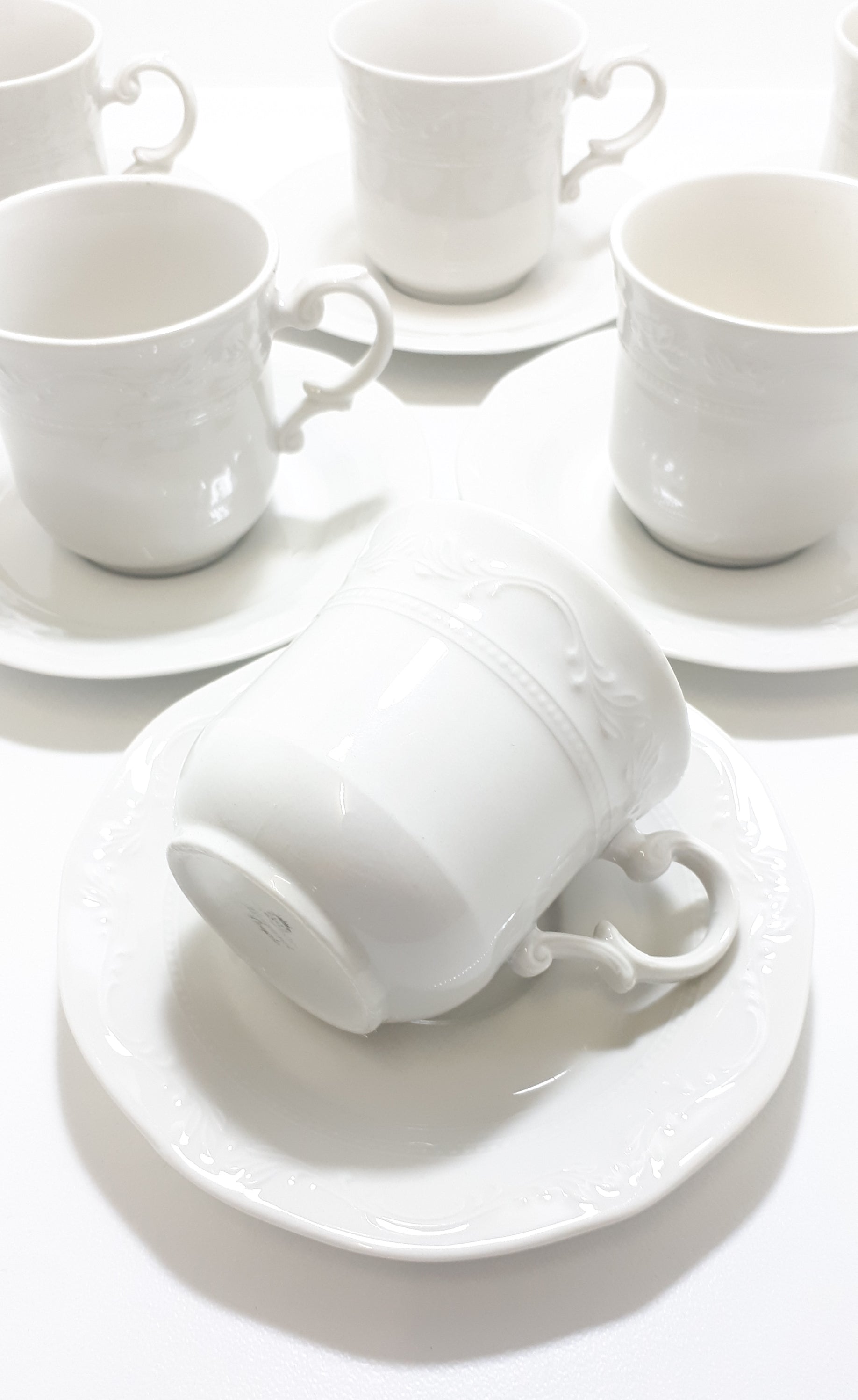 Vintage South African Set Of 6 White Huguenot Royale Cups & Saucers