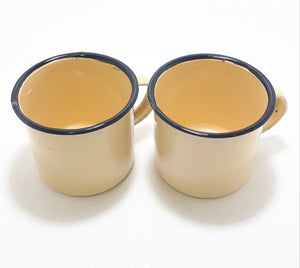 Pair Of Yellow Vintage Enamel Mugs With Broad Black Rim