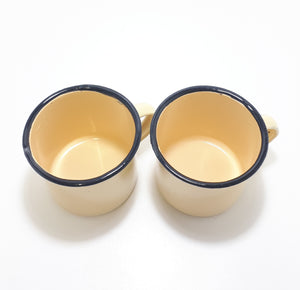 Pair Of Yellow Vintage Enamel Mugs With Broad Black Rim