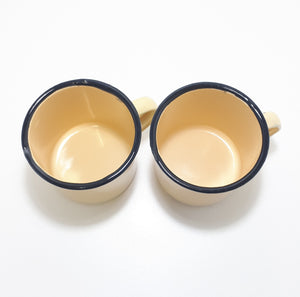 Pair Of Yellow Vintage Enamel Mugs With Broad Black Rim