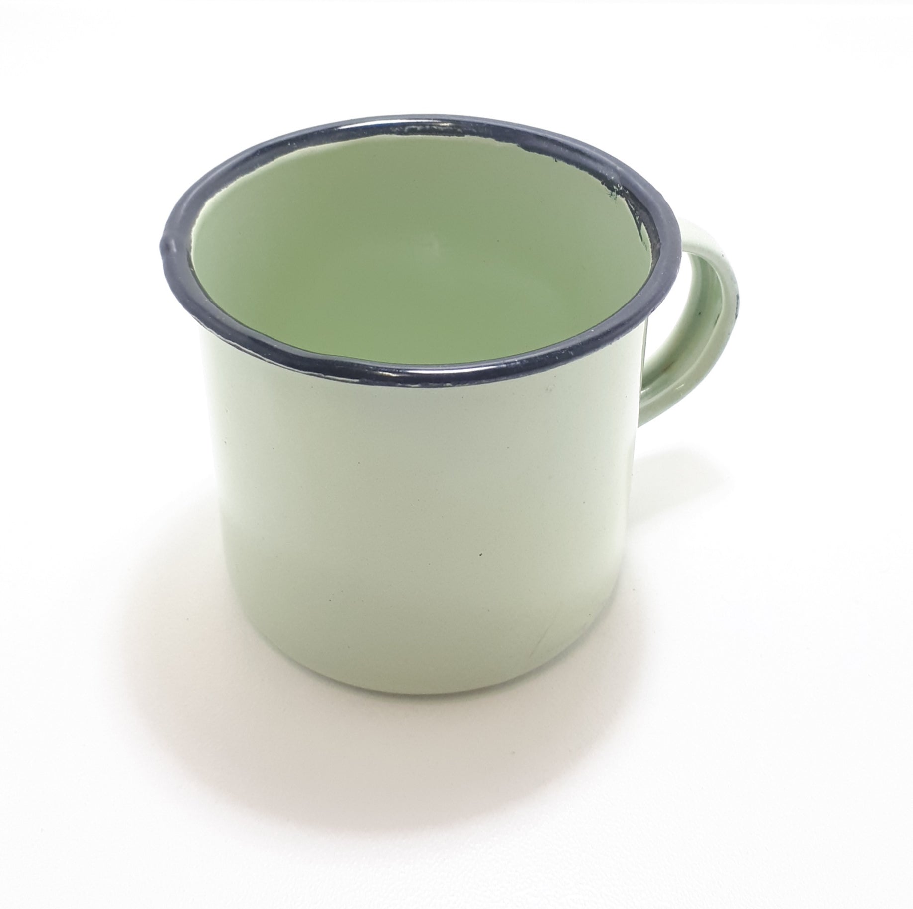 Green Vintage Enamel Mug With Broad Black Rim