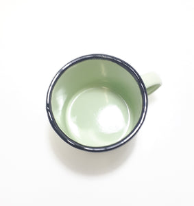 Green Vintage Enamel Mug With Broad Black Rim