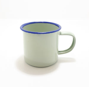 Small Green Vintage Enamel Mug With Broad Blue Rim
