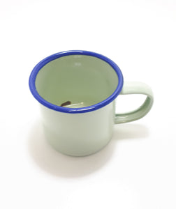 Small Green Vintage Enamel Mug With Broad Blue Rim