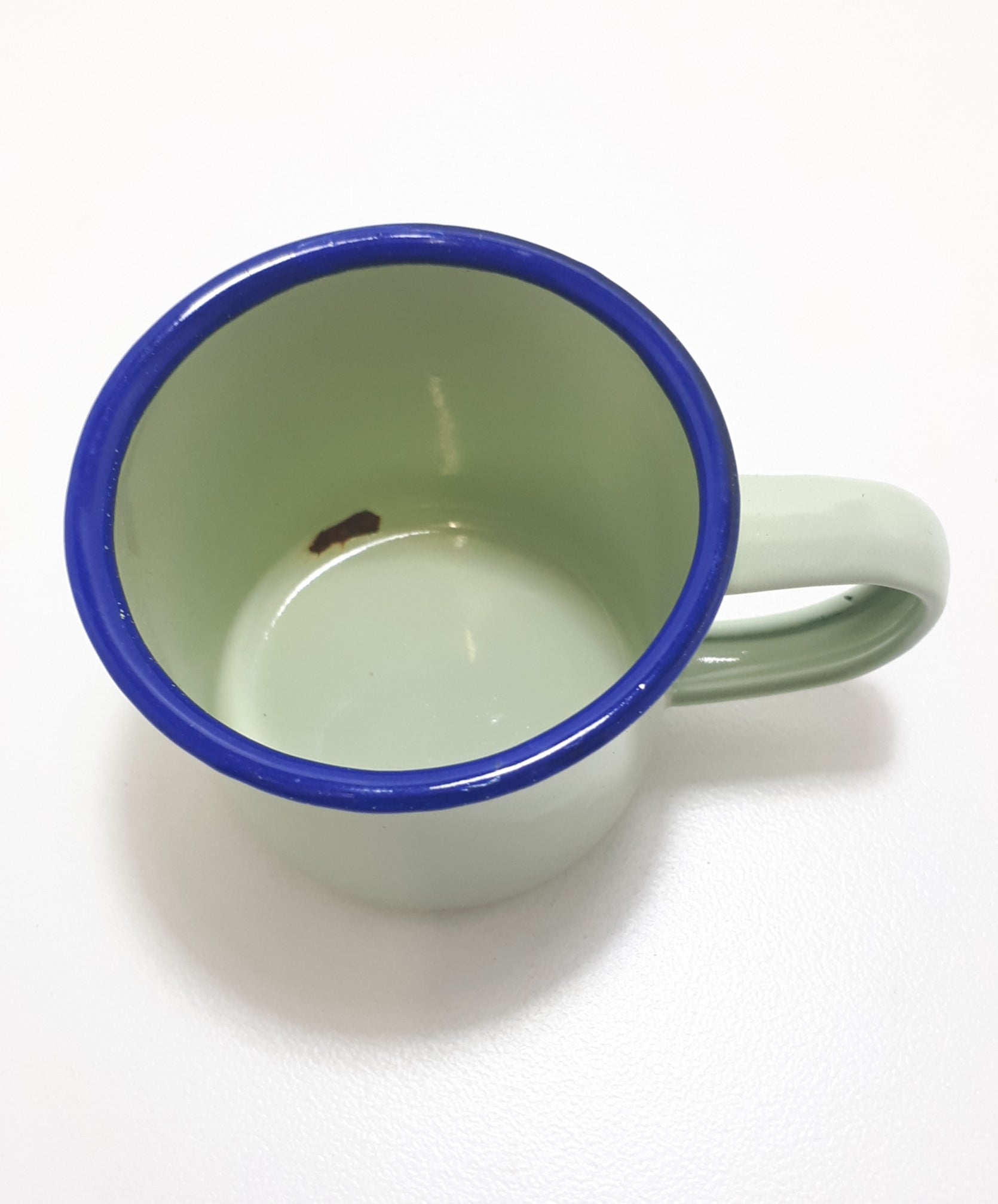 Small Green Vintage Enamel Mug With Broad Blue Rim