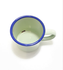 Small Green Vintage Enamel Mug With Broad Blue Rim