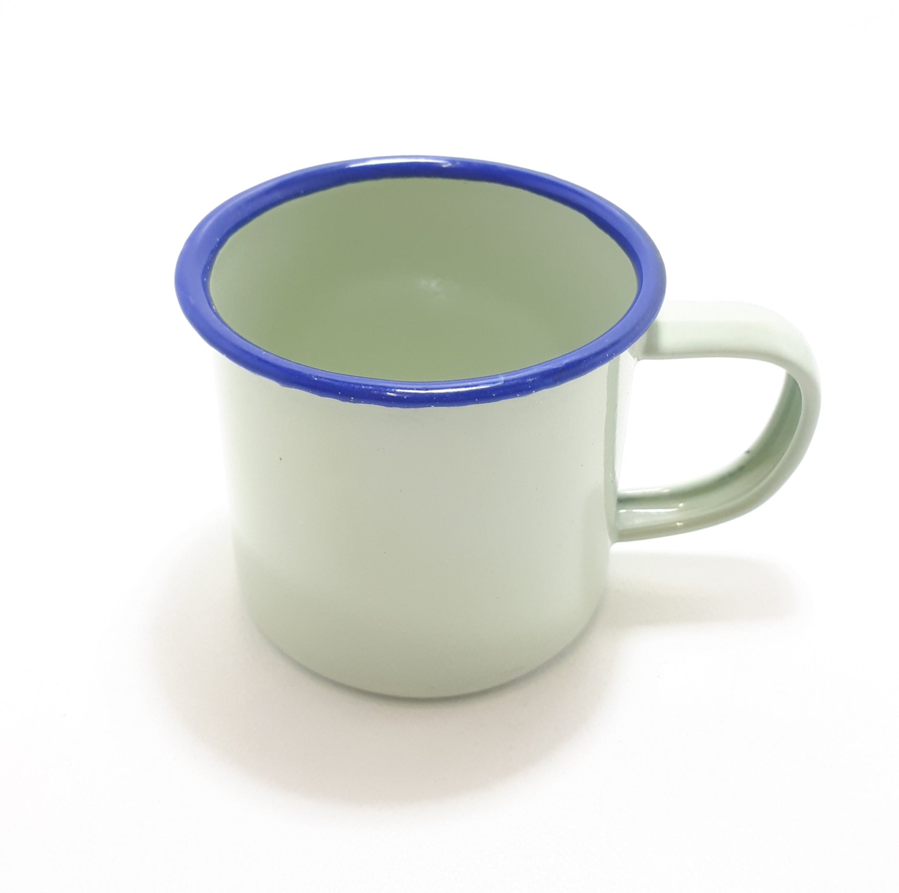 Small Green Vintage Enamel Mug With Broad Blue Rim