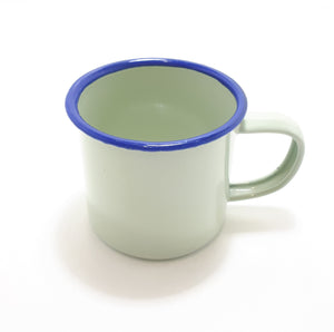 Small Green Vintage Enamel Mug With Broad Blue Rim