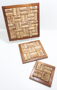 Set Of 3 Graduating Handmade Wood & Wine Cork Pot Holders