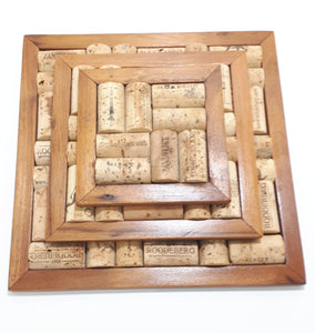 Set Of 3 Graduating Handmade Wood & Wine Cork Pot Holders