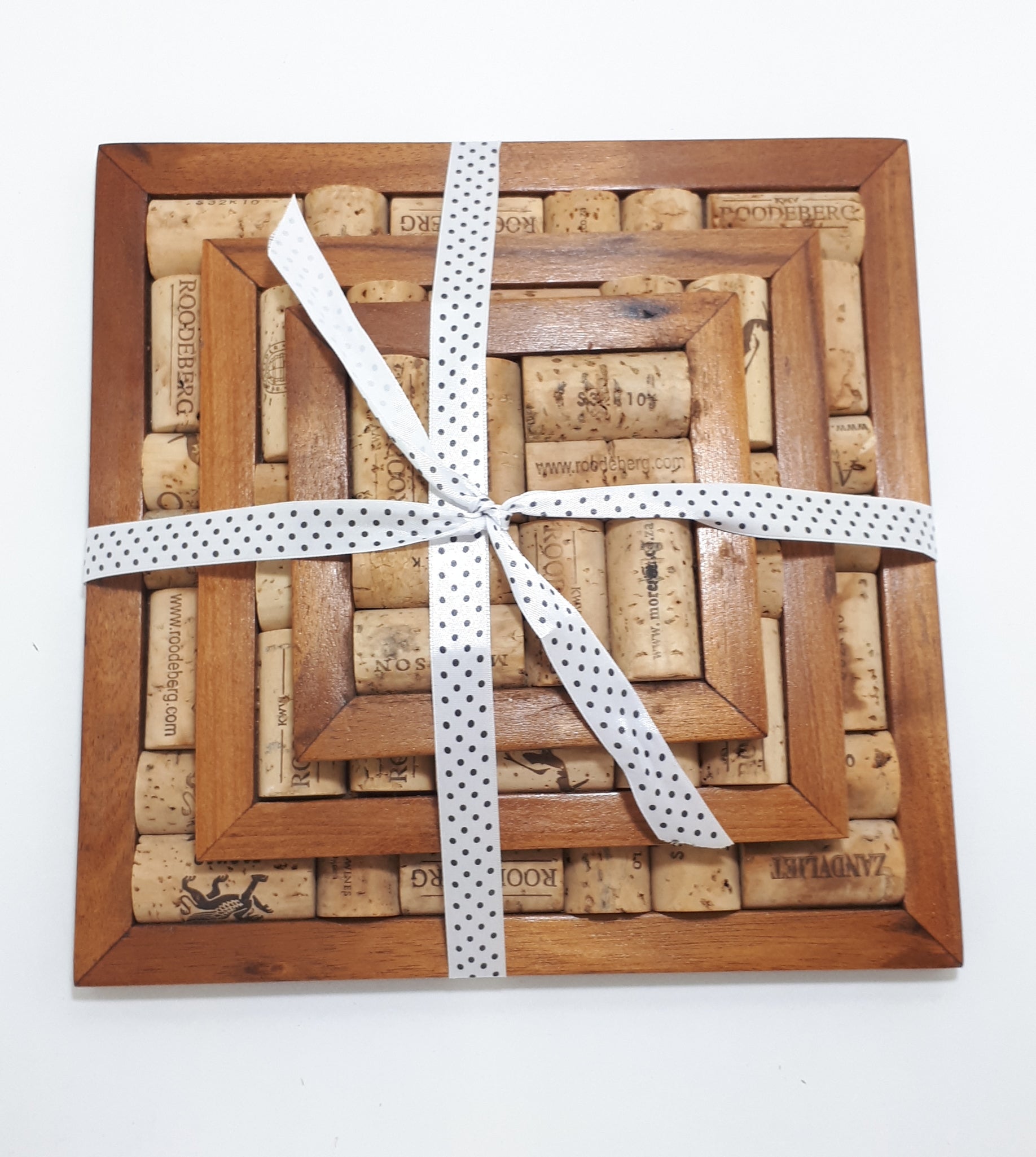 Set Of 3 Graduating Handmade Wood & Wine Cork Pot Holders