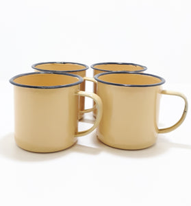 Set Of Four Yellow Vintage Enamel Mugs With Broad Black Rim