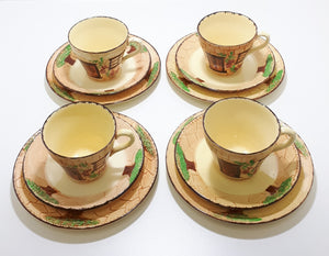 Vintage Cottageware – Set Of 4 Burlington Ware (John Shaw & Sons) Tea Trios – Cup, Saucer & Tea Plate
