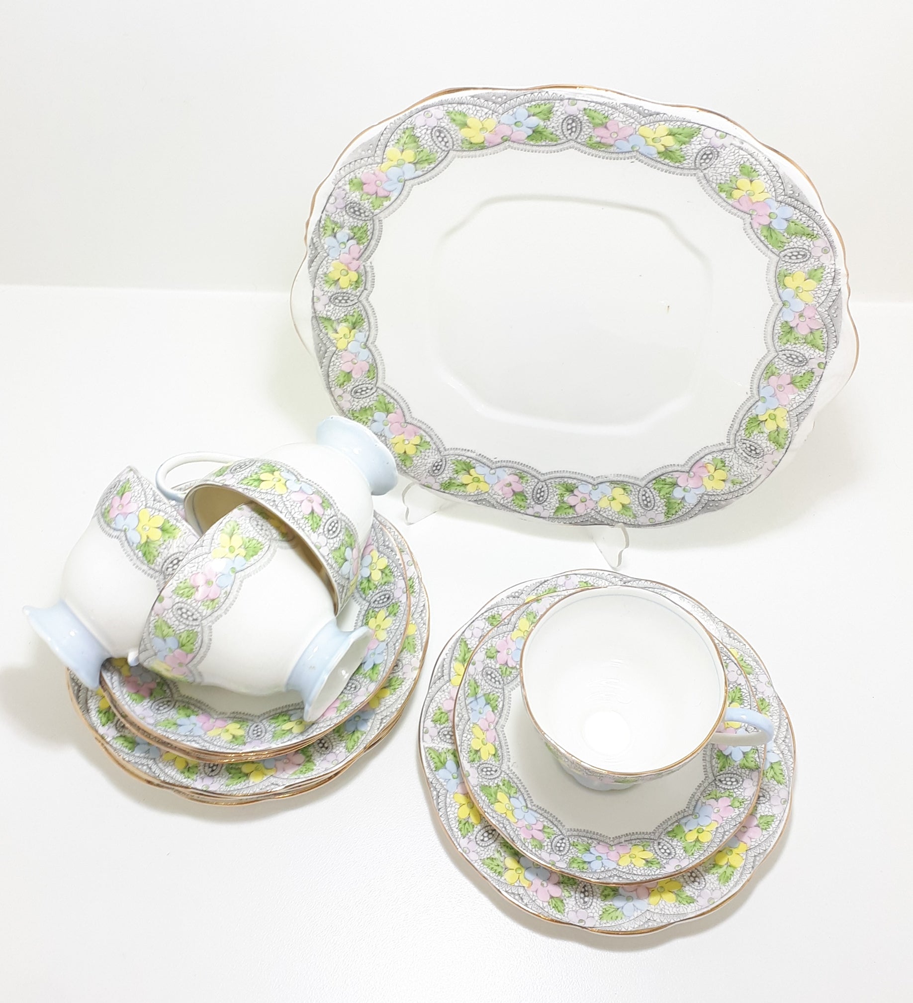 Rare Vintage 1930 – 1940’s Set of Salisbury Fine Bone China Tea Trios (Cups, Saucers & Tea Plates) & Biscuit Plate