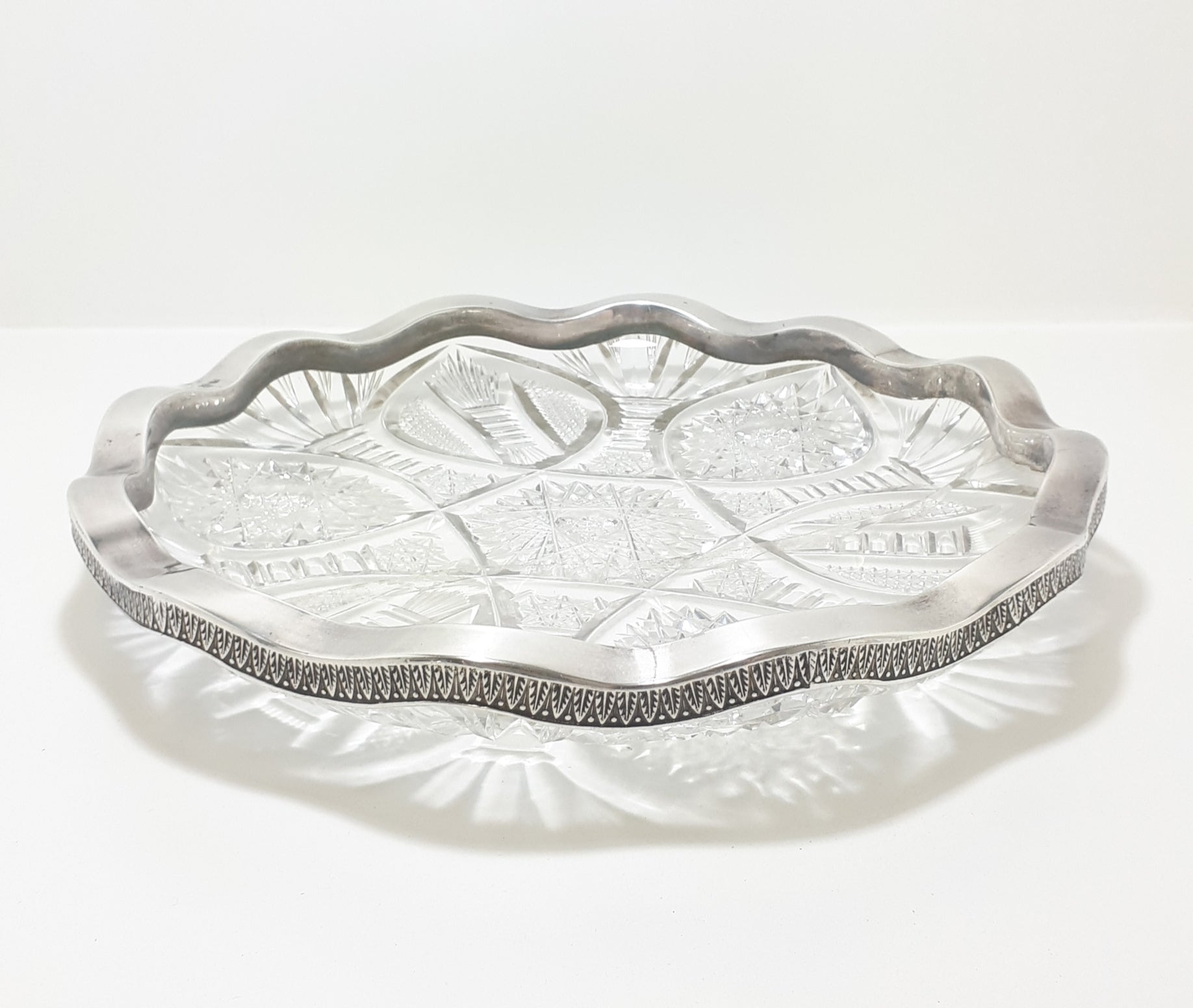 Large & Heavy Vintage Cut Lead Crystal Display Dish With Scalloped Silver Plated Solid Rim