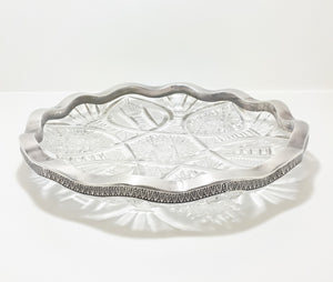 Large & Heavy Vintage Cut Lead Crystal Display Dish With Scalloped Silver Plated Solid Rim