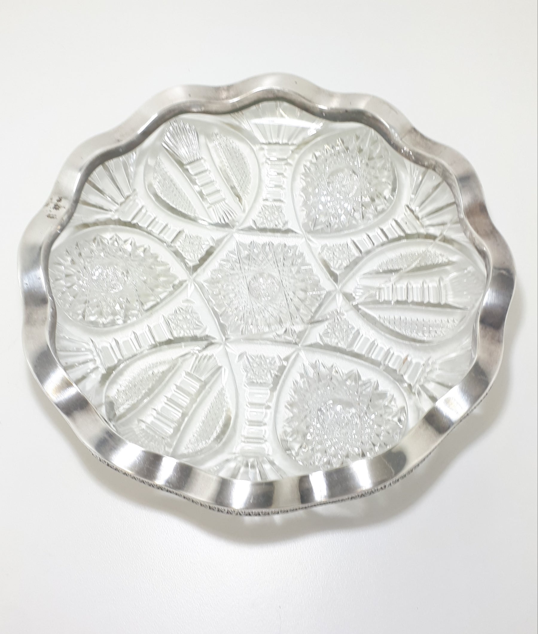 Large & Heavy Vintage Cut Lead Crystal Display Dish With Scalloped Silver Plated Solid Rim