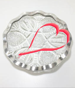 Large & Heavy Vintage Cut Lead Crystal Display Dish With Scalloped Silver Plated Solid Rim