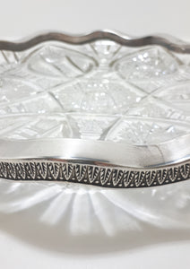 Large & Heavy Vintage Cut Lead Crystal Display Dish With Scalloped Silver Plated Solid Rim