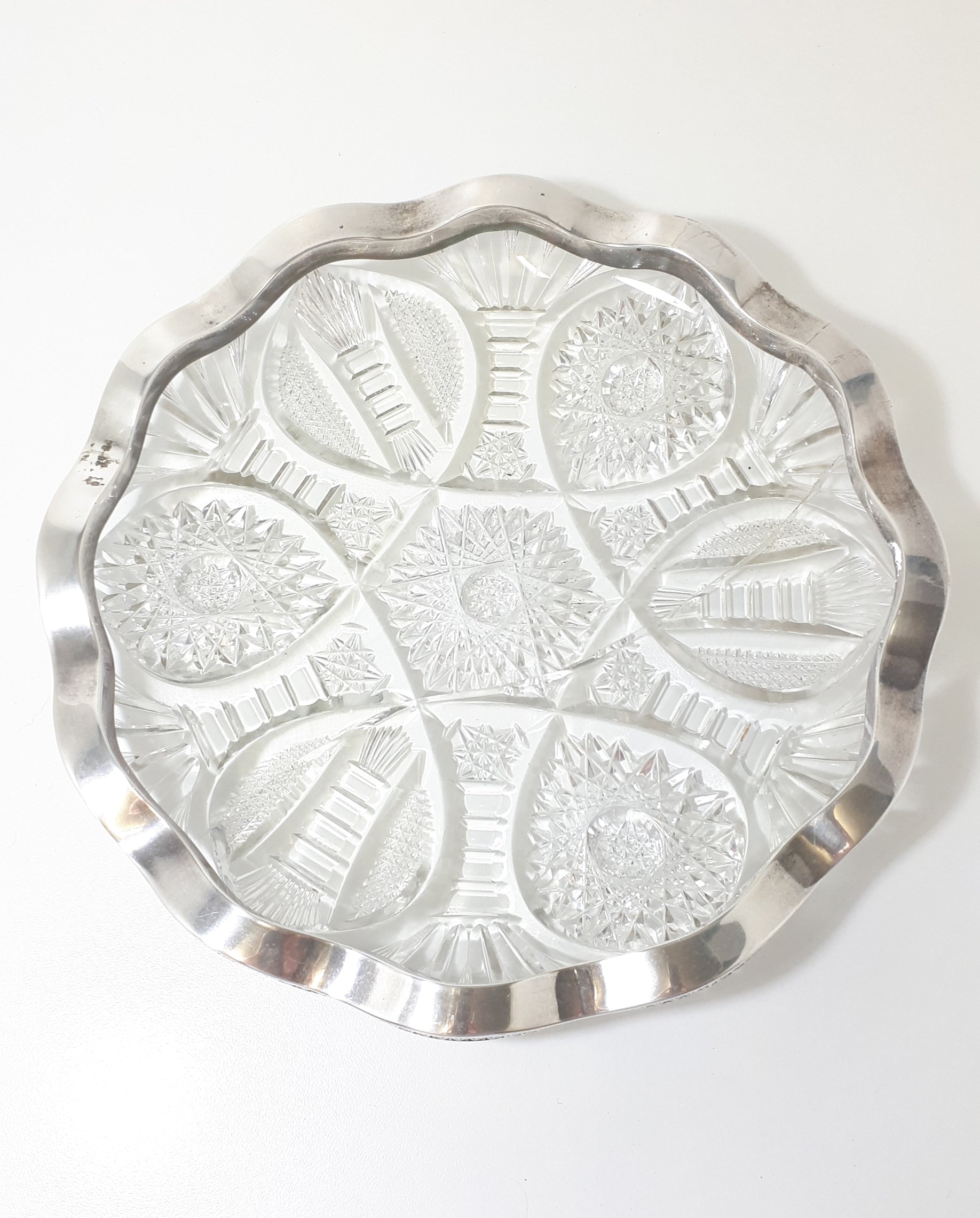 Large & Heavy Vintage Cut Lead Crystal Display Dish With Scalloped Silver Plated Solid Rim