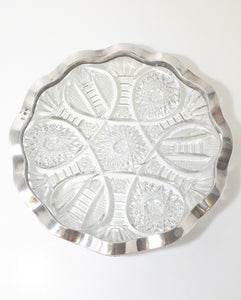 Large & Heavy Vintage Cut Lead Crystal Display Dish With Scalloped Silver Plated Solid Rim