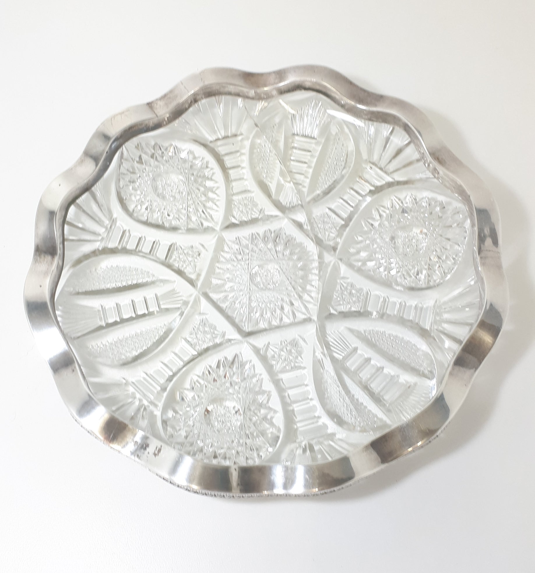 Large & Heavy Vintage Cut Lead Crystal Display Dish With Scalloped Silver Plated Solid Rim