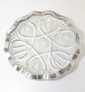 Large & Heavy Vintage Cut Lead Crystal Display Dish With Scalloped Silver Plated Solid Rim