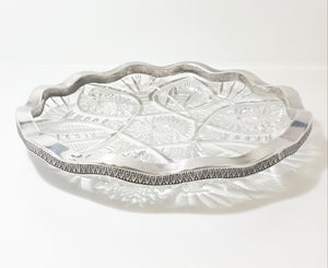 Large & Heavy Vintage Cut Lead Crystal Display Dish With Scalloped Silver Plated Solid Rim