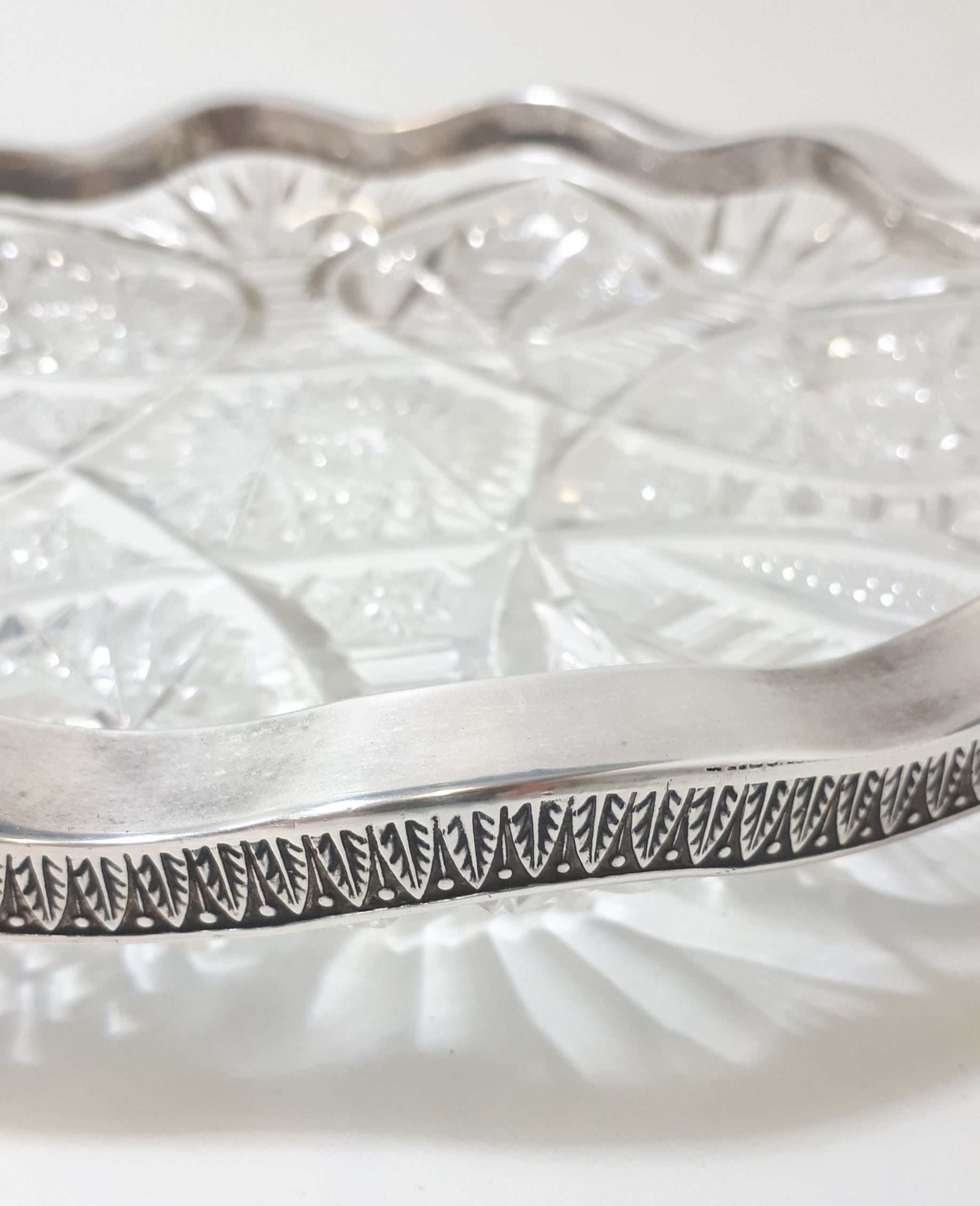 Large & Heavy Vintage Cut Lead Crystal Display Dish With Scalloped Silver Plated Solid Rim