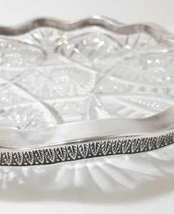 Large & Heavy Vintage Cut Lead Crystal Display Dish With Scalloped Silver Plated Solid Rim