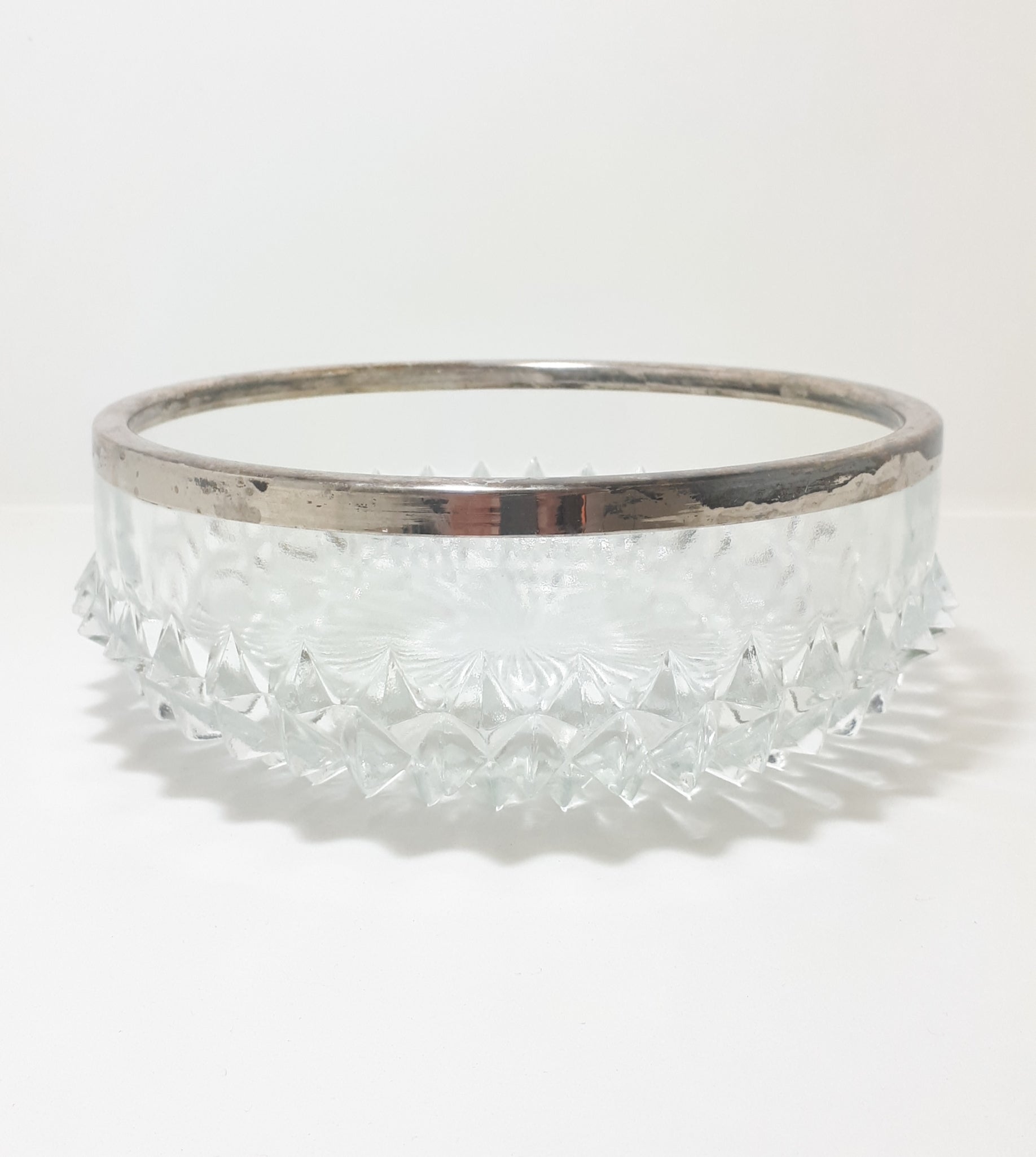 Heavy Vintage Crystal Salad Bowl With Silver Plated Rim Collar – Raised Diamond Cut Motif