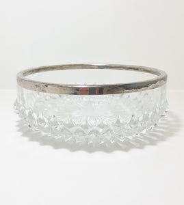 Heavy Vintage Crystal Salad Bowl With Silver Plated Rim Collar – Raised Diamond Cut Motif