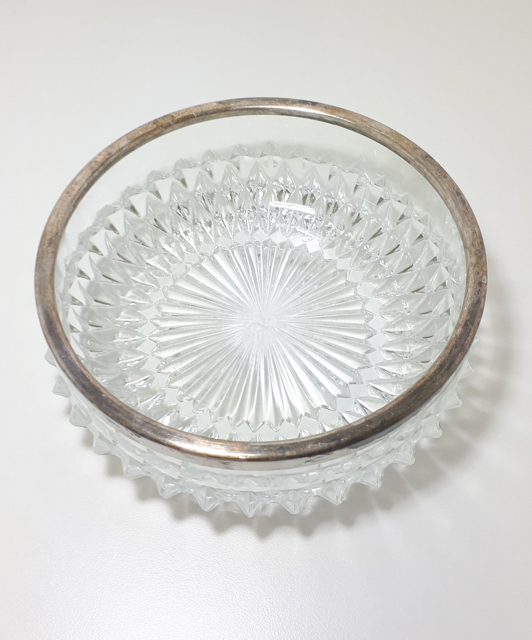 Heavy Vintage Crystal Salad Bowl With Silver Plated Rim Collar – Raised Diamond Cut Motif