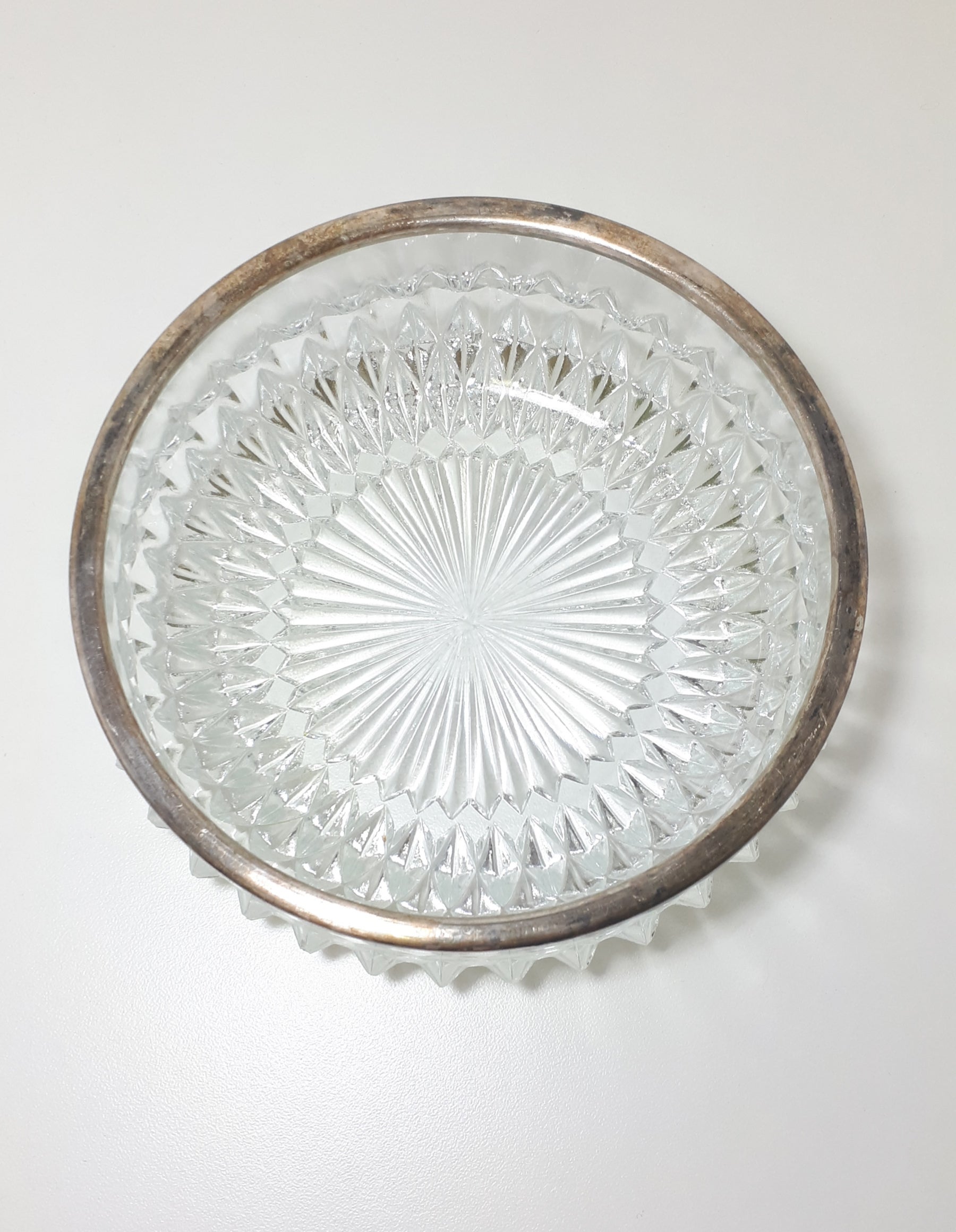 Heavy Vintage Crystal Salad Bowl With Silver Plated Rim Collar – Raised Diamond Cut Motif