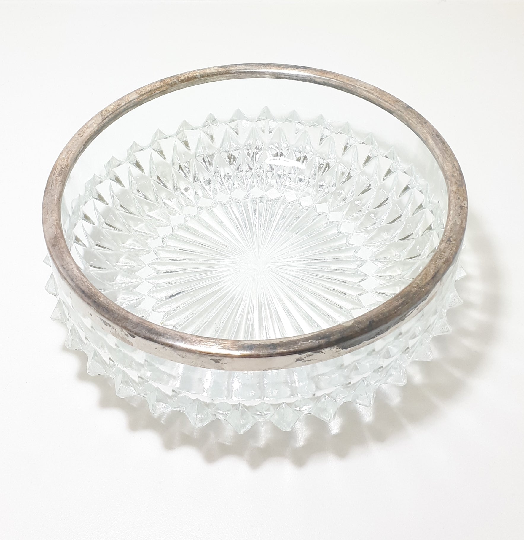 Heavy Vintage Crystal Salad Bowl With Silver Plated Rim Collar – Raised Diamond Cut Motif