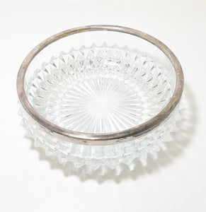 Heavy Vintage Crystal Salad Bowl With Silver Plated Rim Collar – Raised Diamond Cut Motif