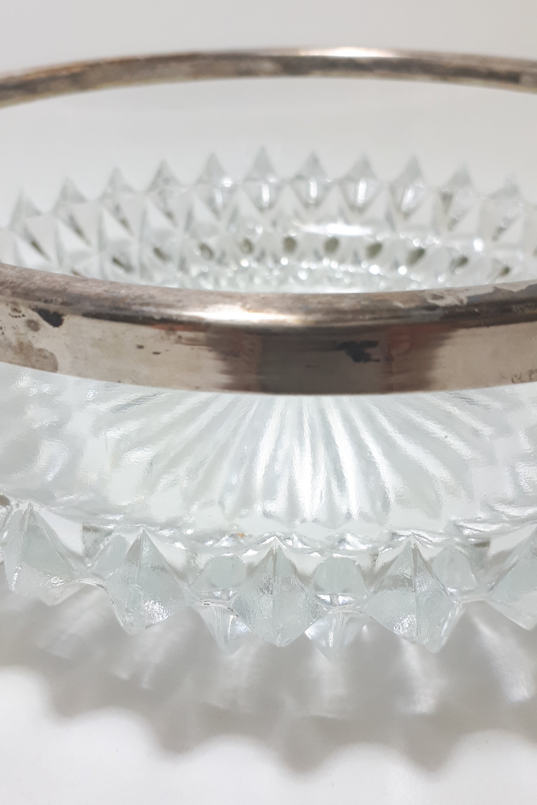 Heavy Vintage Crystal Salad Bowl With Silver Plated Rim Collar – Raised Diamond Cut Motif