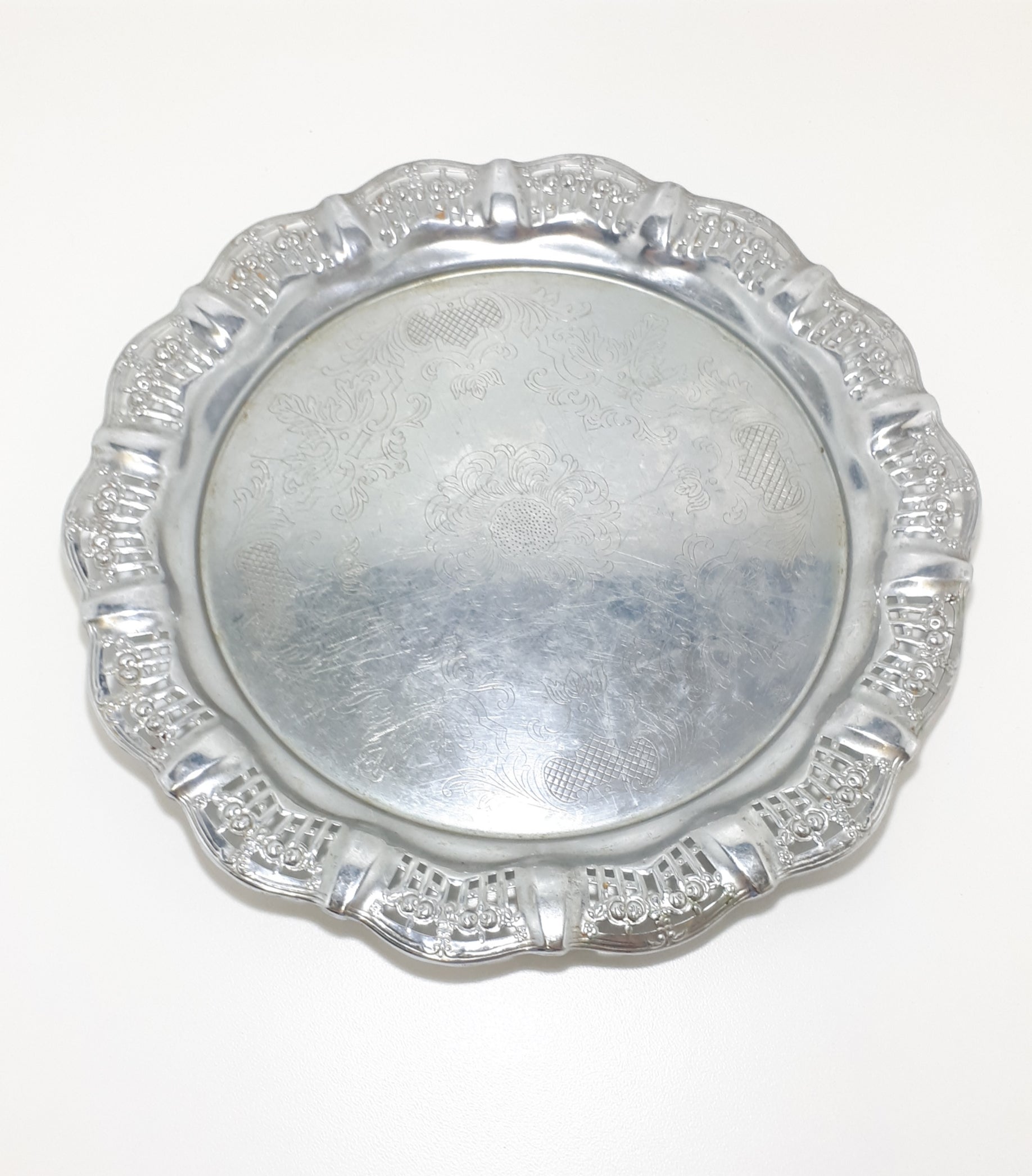 Vintage Drinks Tray With Pierced Metal Rim & Etched Baroque Patterning