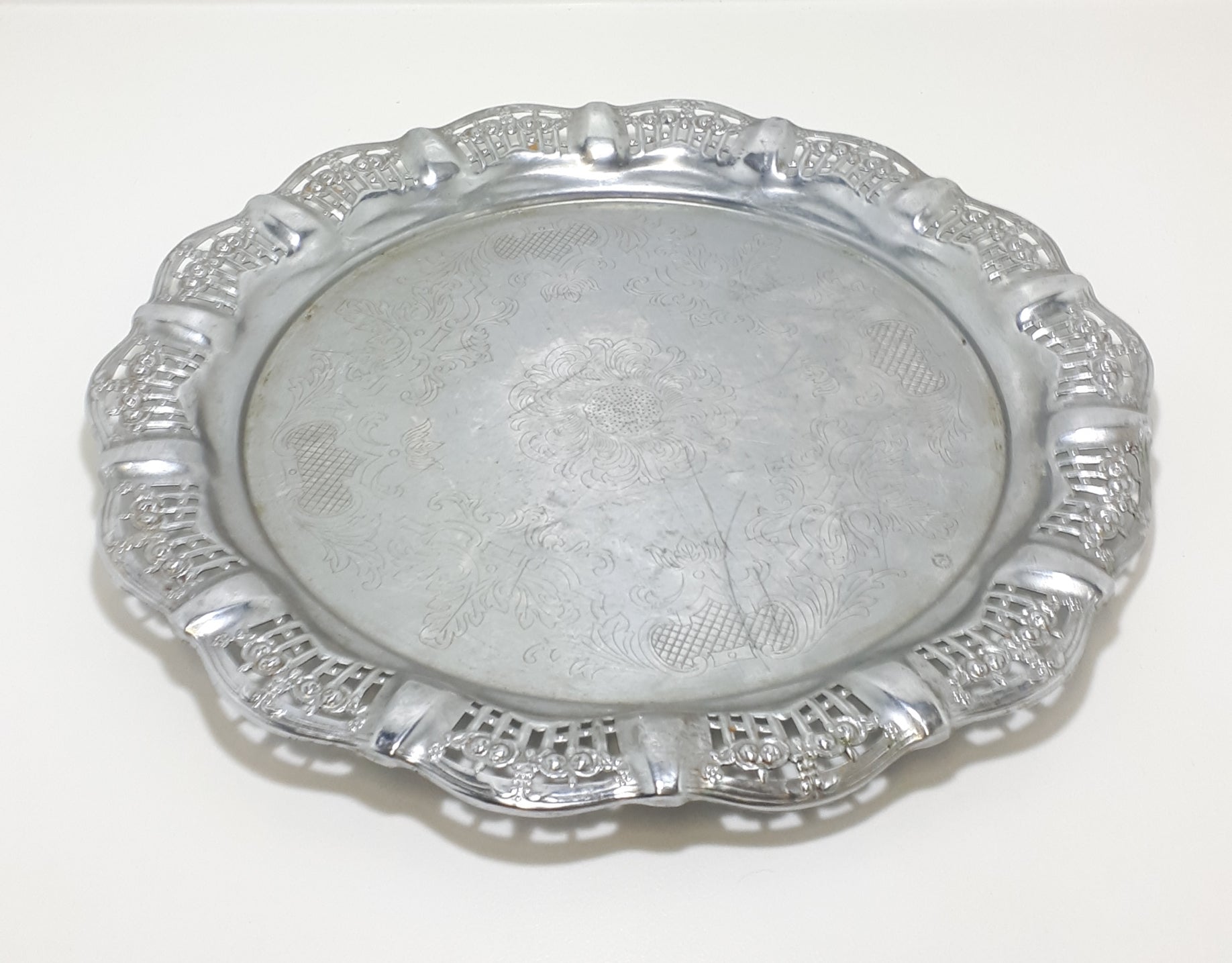 Vintage Drinks Tray With Pierced Metal Rim & Etched Baroque Patterning
