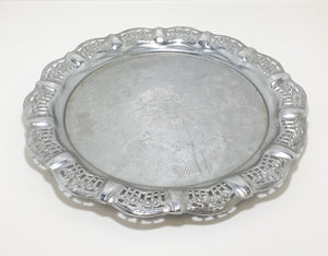 Vintage Drinks Tray With Pierced Metal Rim & Etched Baroque Patterning