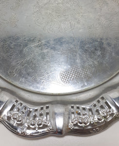 Vintage Drinks Tray With Pierced Metal Rim & Etched Baroque Patterning