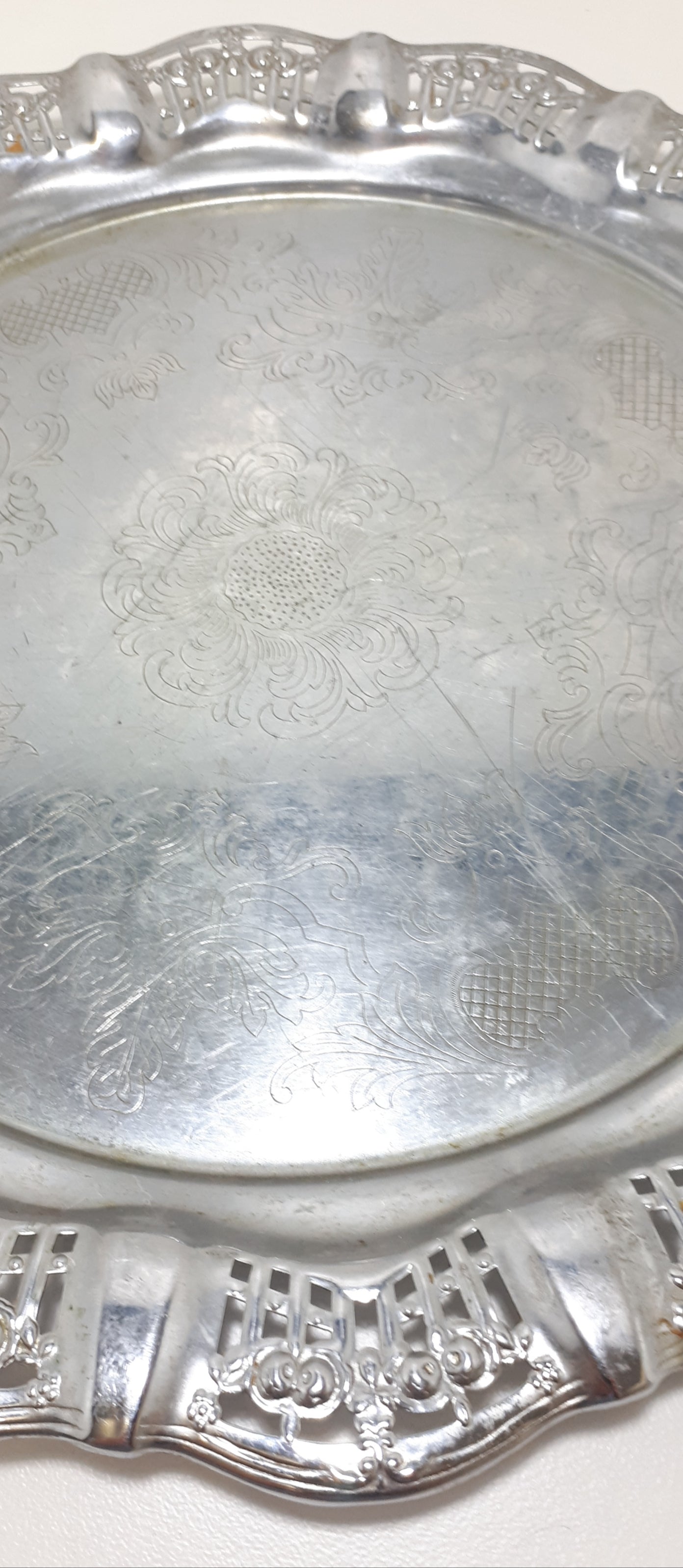 Vintage Drinks Tray With Pierced Metal Rim & Etched Baroque Patterning