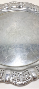 Vintage Drinks Tray With Pierced Metal Rim & Etched Baroque Patterning