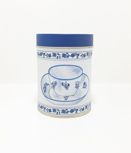 Collectable Blue & White Tin With Tea Cup & Flower Decoration